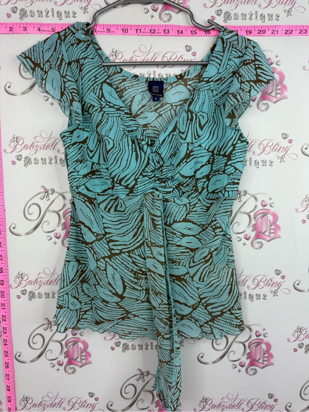 Reitmans y2k top Aqua & Brown Printed Wrap-Front Cap-Sleeve Top